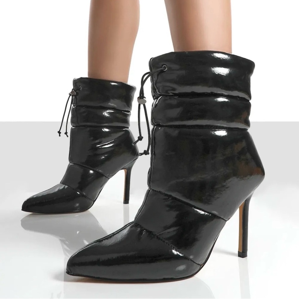 Black Patent Puffer Drawstring Stiletto Heeled Boots